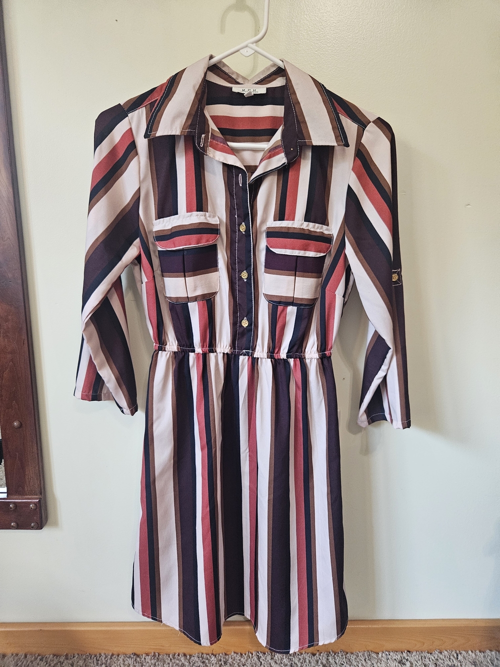 Striped Midi Shirt Dress in Pink, Brown & Cream